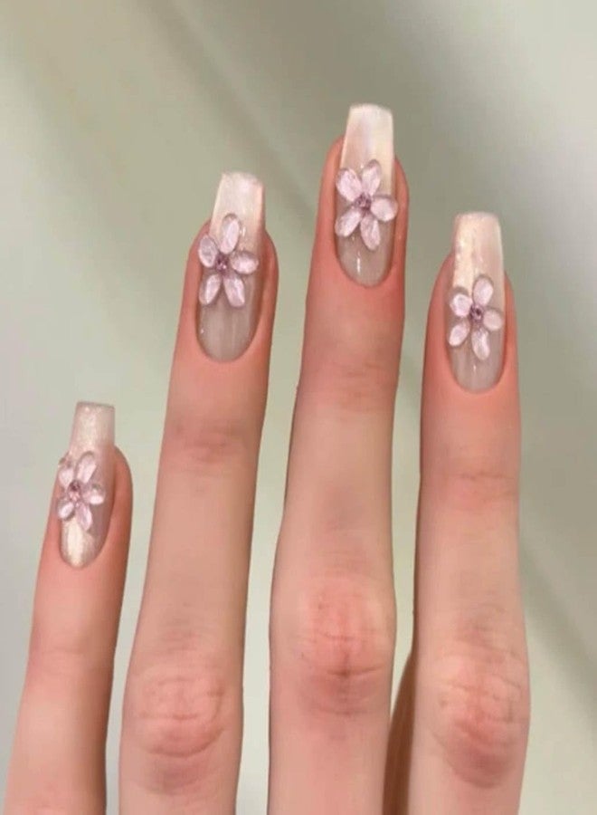 Foccna Press On Nails - Medium Rhinestone Pink & White Square Bling Glossy 3D Flower False Nails - 24pcs - Image 1